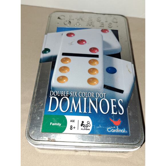 DOMINOS DOUBLE SIX SET COLOR DOT TABLE CLASSIC GAME - COLLECTIBLE TIN CONTAINER - Picture 5 of 6